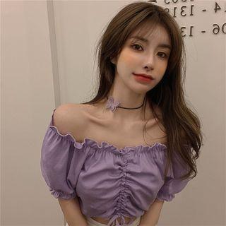 Cropped Frill Trim Drawstring Off-shoulder Blouse