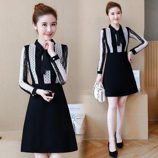 Tie-neck Lace Panel A-line Dress