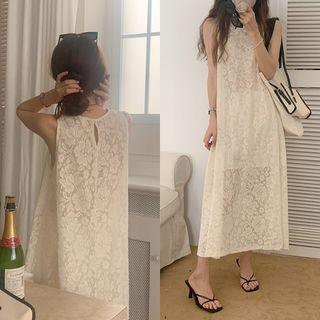 Sleeveless Lace Midi Dress Beige - One Size