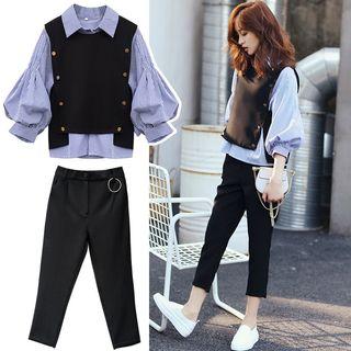 Set: Elbow-sleeve Pinstriped Shirt + Button-detail Vest + Cropped Dress Pants