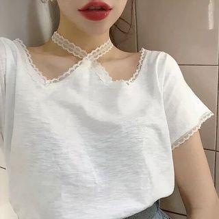 Short-sleeve Lace Halter T-shirt