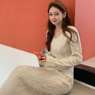 Long-sleeve Chunky Knit Midi Dress Almond - One Size