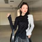 Long-sleeve Dotted Panel Ruffle T-shirt / Faux Leather Shorts