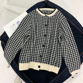 Plaid Knit Cardigan Plaid - Black & Beige - One Size