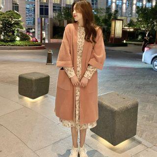 Floral Midi A-line Dress / Plain Long Knit Cardigan