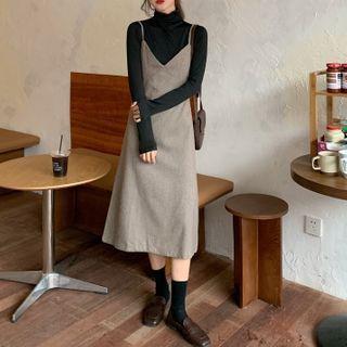 Long-sleeve Turtleneck Knit Top / Spaghetti Strap Midi A-line Dress