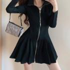 Long-sleeve Zip Detail Mini A-line Dress