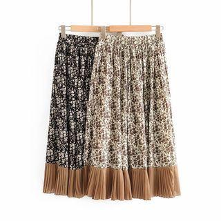 Floral Panel Accordion Pleated Midi A-line Skirt