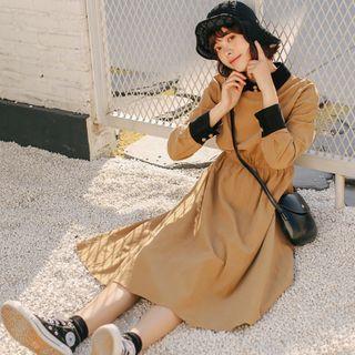 Collared Long-sleeve Midi A-line Corduroy Dress