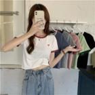Round-neck Heart Embroidered Color Block Short-sleeve Top