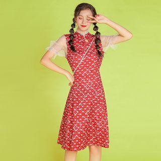 Mesh Panel Short-sleeve A-line Qipao Dress