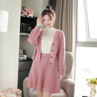 Set: V-neck Rib-knit Cardigan + Flared Miniskirt