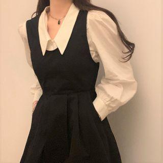 Puff-sleeve Shirt / Midi Overall Dress