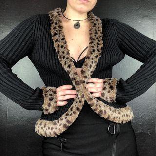 Leopard Print Fluffy Trim Cardigan
