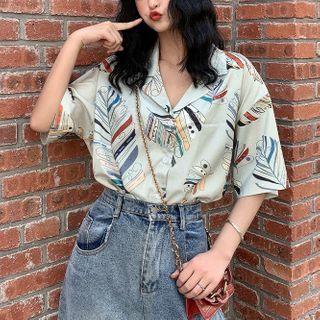 Short-sleeve Print Loose-fit Shirt Green - One Size