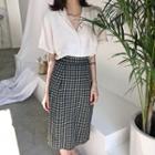 V-neck Short-sleeve Blouse / High Waist Plaid Pencil Skirt