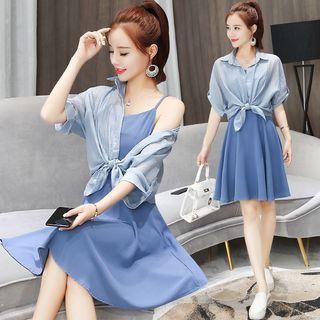 Set: Strappy A-line Dress + Elbow-sleeve Shirt