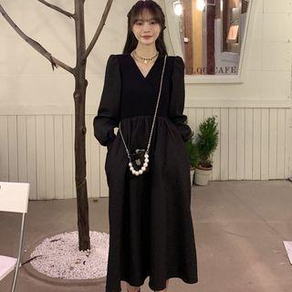 Long-sleeve V-neck Plain Midi A-line Dress Black - One Size