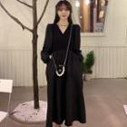 Long-sleeve V-neck Plain Midi A-line Dress Black - One Size