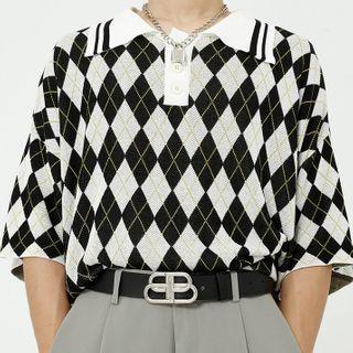 Elbow-sleeve Pattern Printed Knitted Polo Shirt