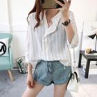 Striped Mandarin Collar 3/4 Sleeve Blouse