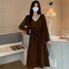 Long-sleeve Lace Trim Tie-strap Corduroy Midi Dress