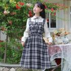 Mock Two-piece Long-sleeve Collared Plaid Midi A-line Dress