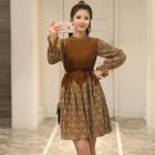 Set: Printed Long-sleeve Chiffon Dress + Knit Vest