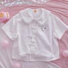 Short-sleeve Bear Print Frog-buttoned Shirt White - One Size