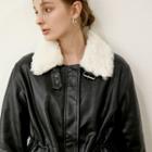 Eco-fur Belted Pleather Rider Jacket Black - One Size