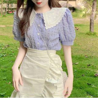 Short-sleeve Peter-pan-collar Contrast Blouse