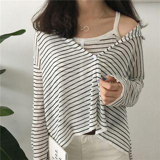 Set : Stripe Cardigan + Spaghetti Strap Top