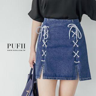 Lace-up Front Denim Skirt