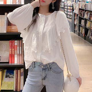 Long-sleeve Lace Trim Buttoned Top