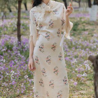Lace Trim Elbow-sleeve Midi A-line Qipao / Lace Shawl With Brooch
