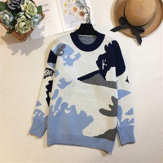 Round Neck Color Block Sweater Blue & White - One Size