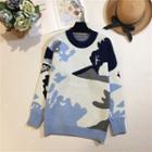 Round Neck Color Block Sweater Blue & White - One Size