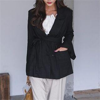 Slit-sleeve Linen Blend Blazer With Sash