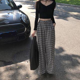 Long-sleeve Plain V-neck Top / Plaid Wide-leg Pants