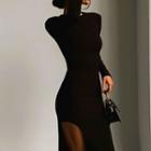 Long-sleeve Side-slit Midi Sheath Dress Black - One Size