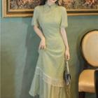 Short-sleeve Faux Pearl Fringed Midi Mermaid Qipao Dress