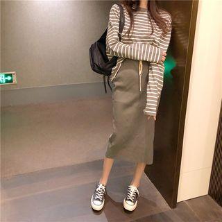 Stripe Long-sleeve T-shirt / Midi H-line Skirt