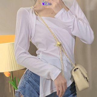 Long-sleeve Square Neck Side-slit T-shirt