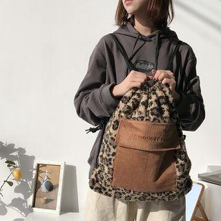 Leopard Print Faus Shearling Drawstring Backpack As Shown In Figure - One Size