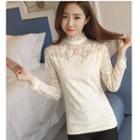 Stand Collar Embellished Lace Long-sleeve Top