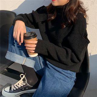 Turtle-neck Cutout Long-sleeve Loose-fit Sweater
