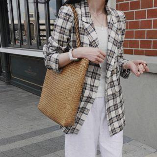 Double-breasted Plaid Linen Blend Blazer Navy Blue - One Size
