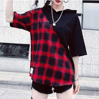 Couple Matching Short-sleeve Plaid Panel Hooded T-shirt