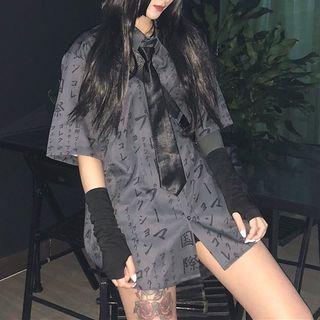 Japanese Character Print Elbow-sleeve Shirt As Shown In Figure - One Size