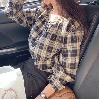 Long-sleeve Button Plaid Top Plaid - One Size